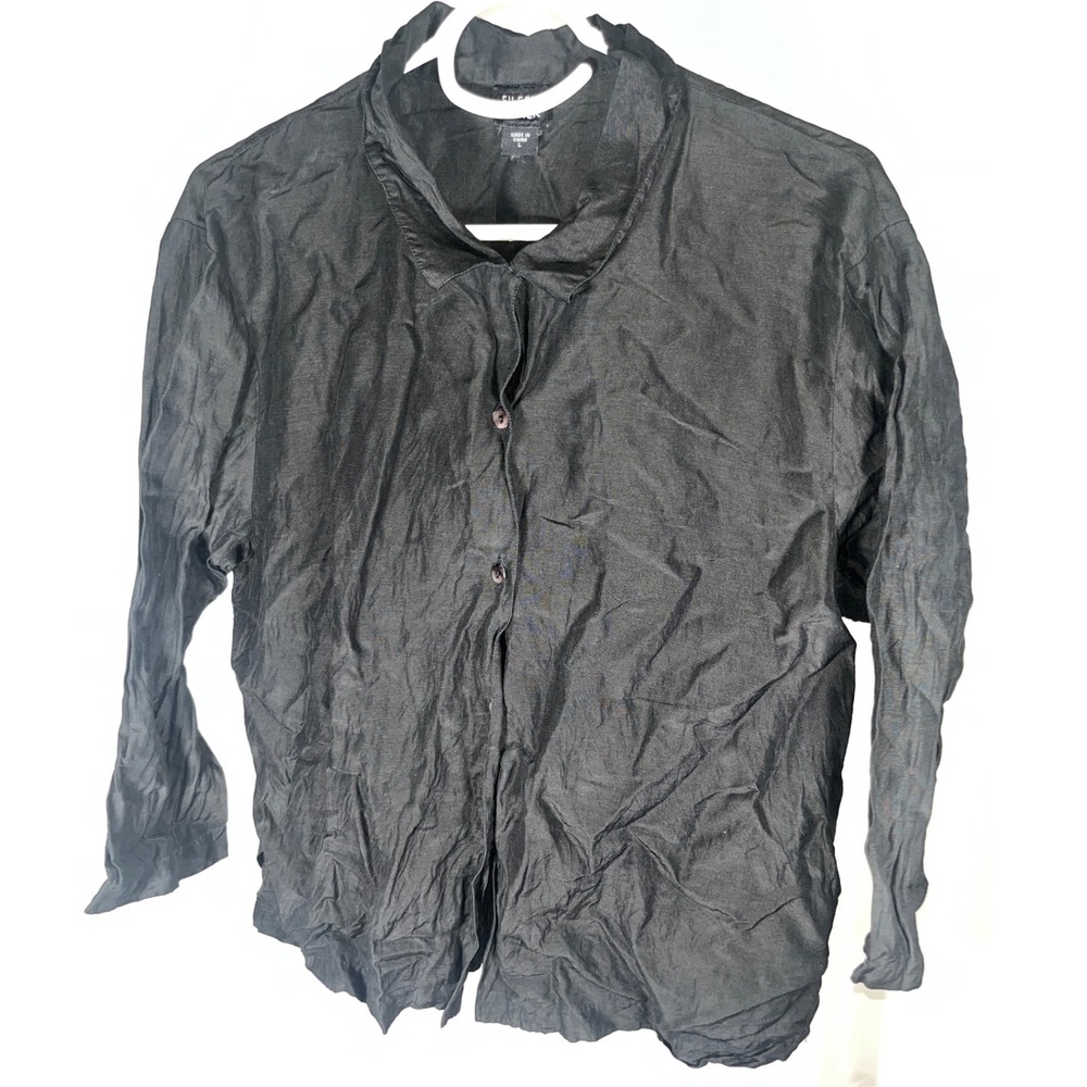 Eileen Fisher Button Up Shirt Linen Silk Blend Black Minimalist Work Large
